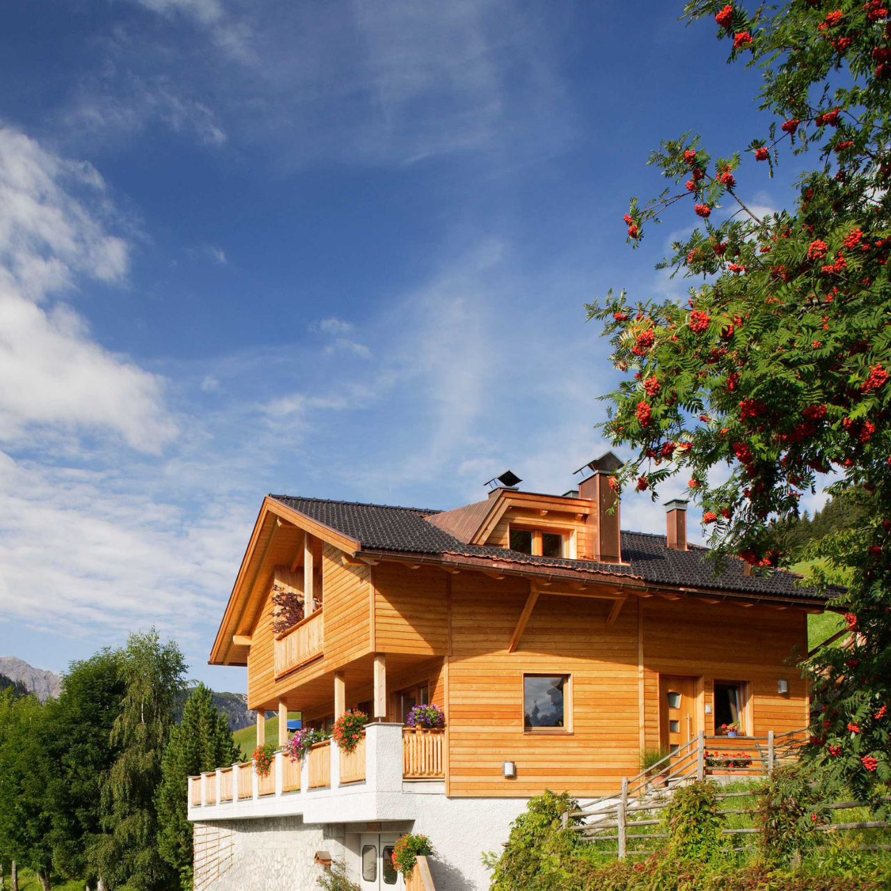 Ein Haus aus Vollholz in Holz100-Bauweise vor blauem Himmel und in grüner Umgebung.